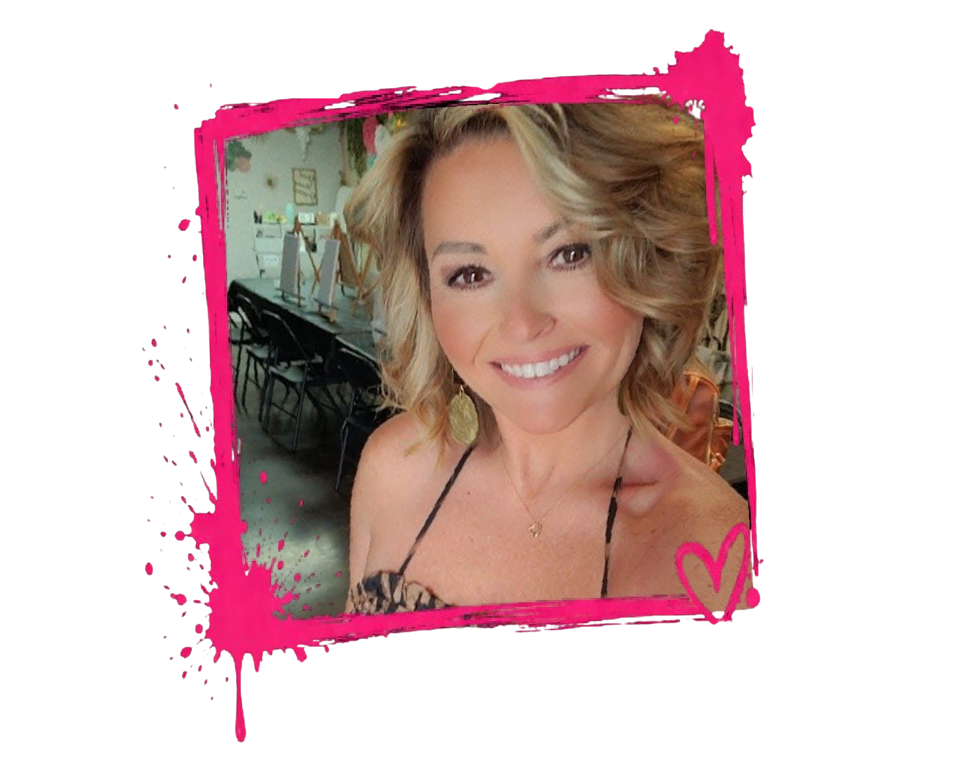 Smiling portrait of Tiffany inside the My Sweet Escape studio, framed by a hot-pink painted brushstroke border with a heart accent