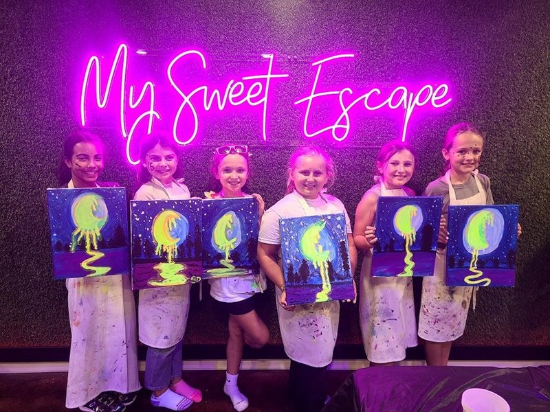 A group of friends and family painting together at a paint party in the My Sweet Escape studio
