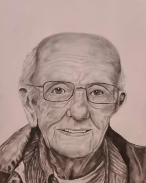 A detailed charcoal portrait of an older man with glasses