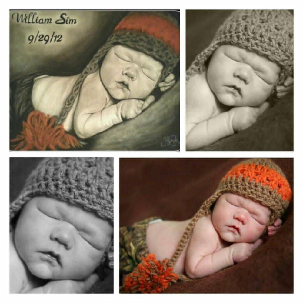 Custom graphite portrait of baby William Sim shown alongside reference photos