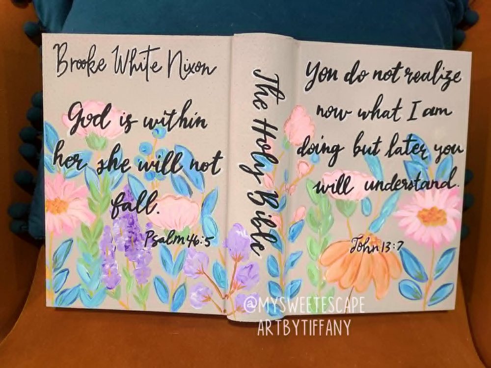 Hand-painted Bible cover for Brooke White Nixon with pastel wildflowers and Psalm 46:5