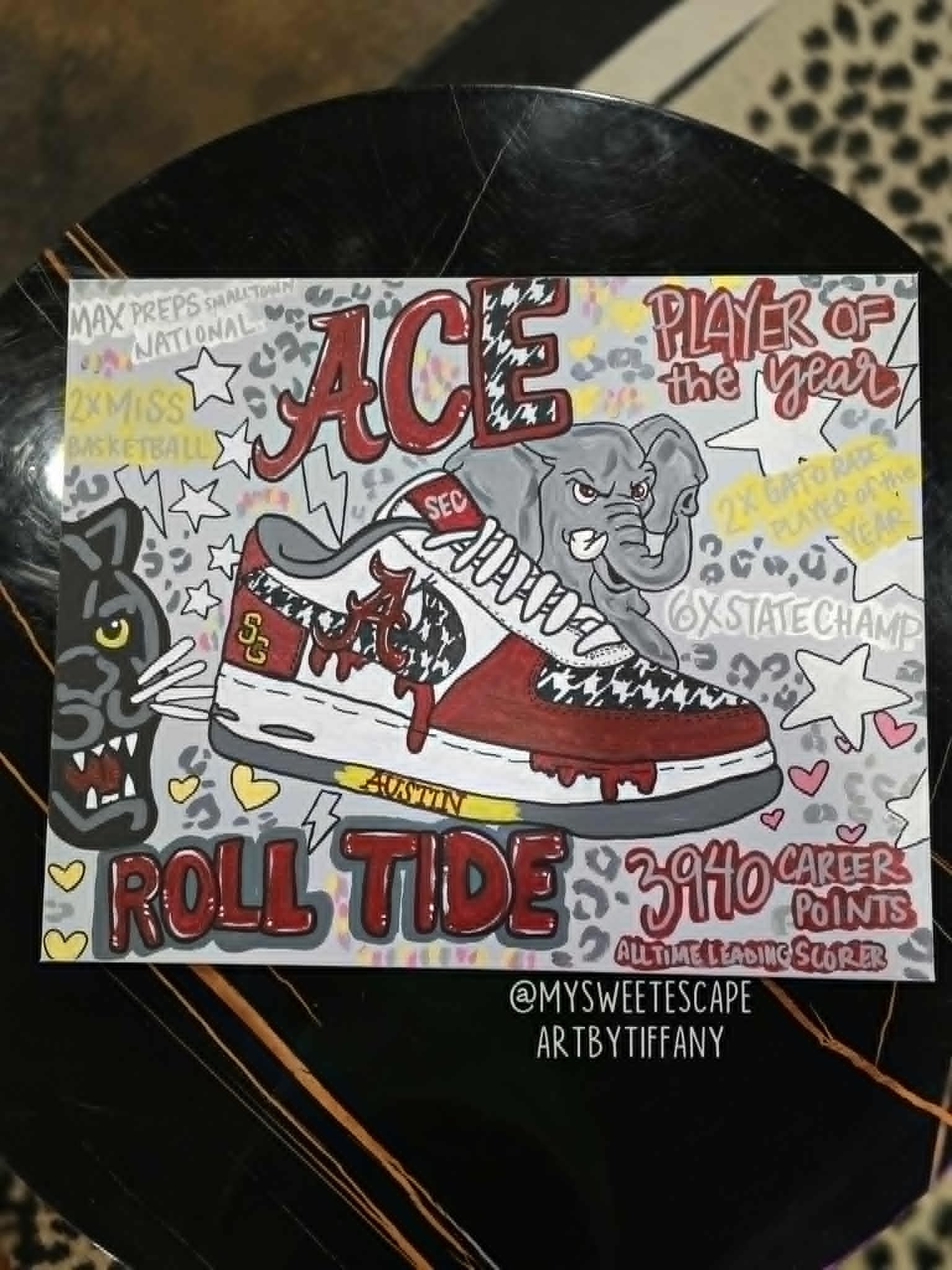 Vibrant collage-style commemorative artwork for Ace Austin featuring a custom Alabama-themed Air Force 1 sneaker, the Spring Garden panther, Bama elephant, leopard print, and career stats including 'Roll Tide,' '3940 career points,' and 'all-time leading scorer'