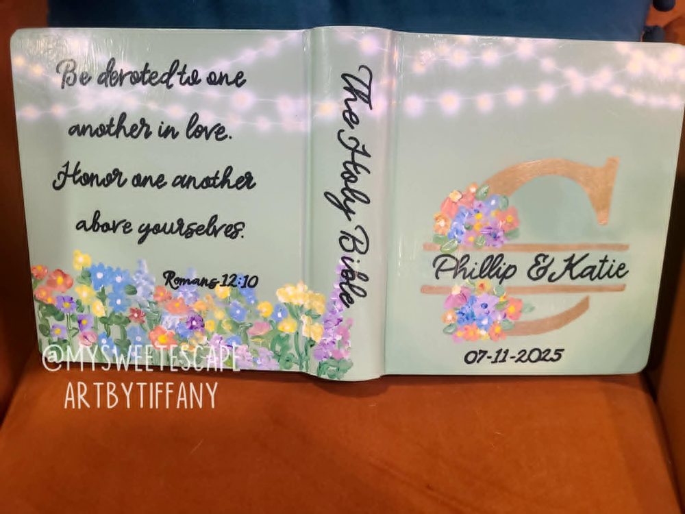 Sage green wedding Bible cover for Phillip and Katie with monogram, wildflowers, and string lights