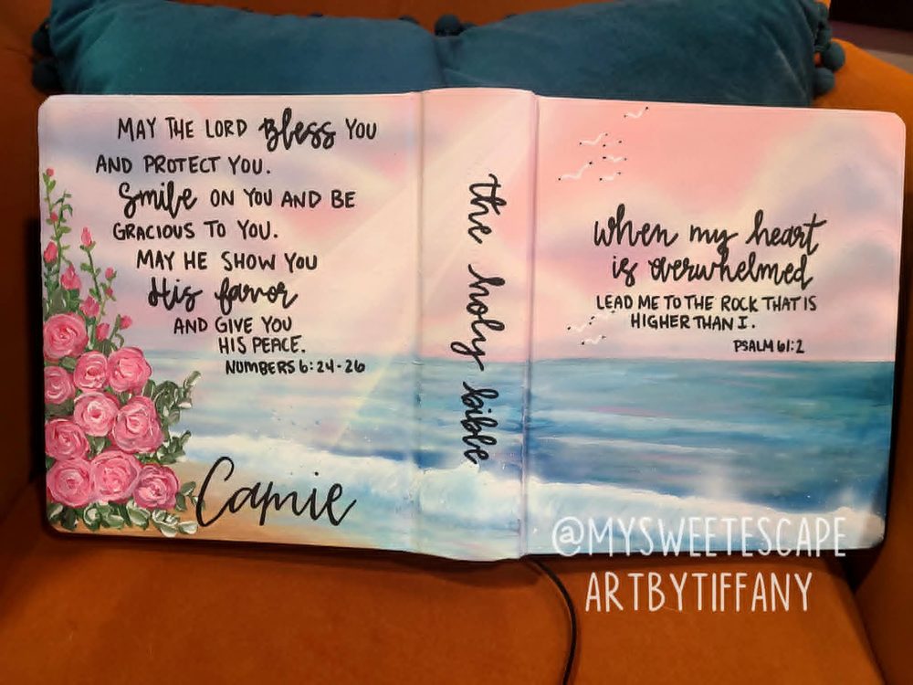 Hand-painted Bible cover for Camie with beach sunset, ocean, and pink roses
