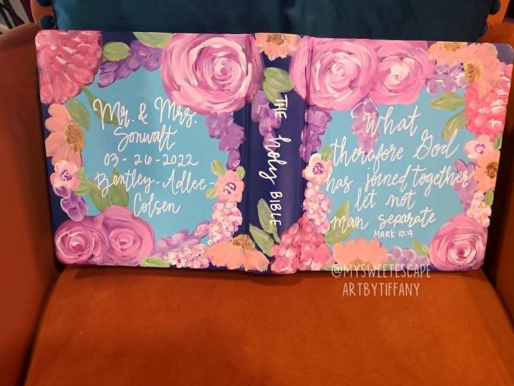 Wedding Bible cover for Mr. and Mrs. Sonwalt with pink and purple roses on teal background