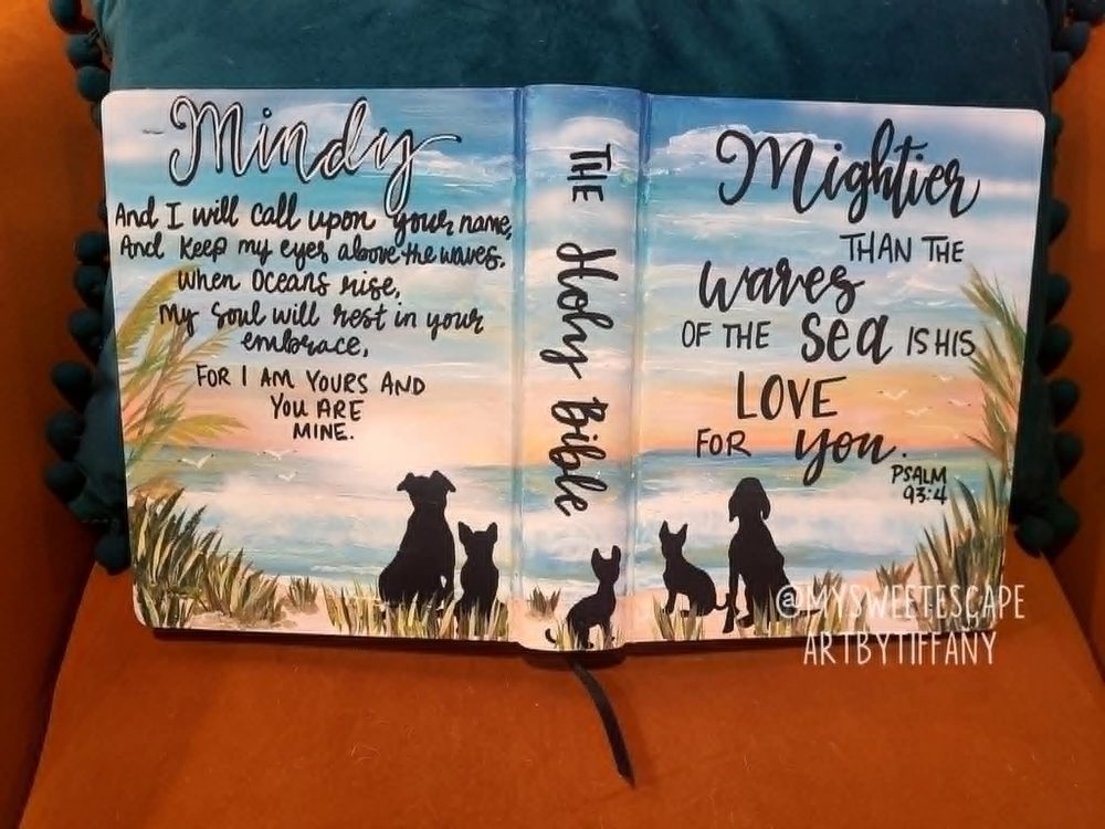 Hand-painted Bible cover for Mindy with beach sunset and silhouettes of dogs and cats