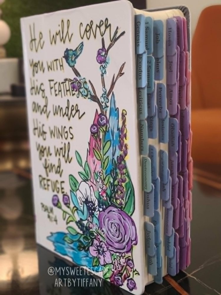 Hand-painted Bible cover with Psalm 91:4 verse, watercolor florals, and pastel book tabs