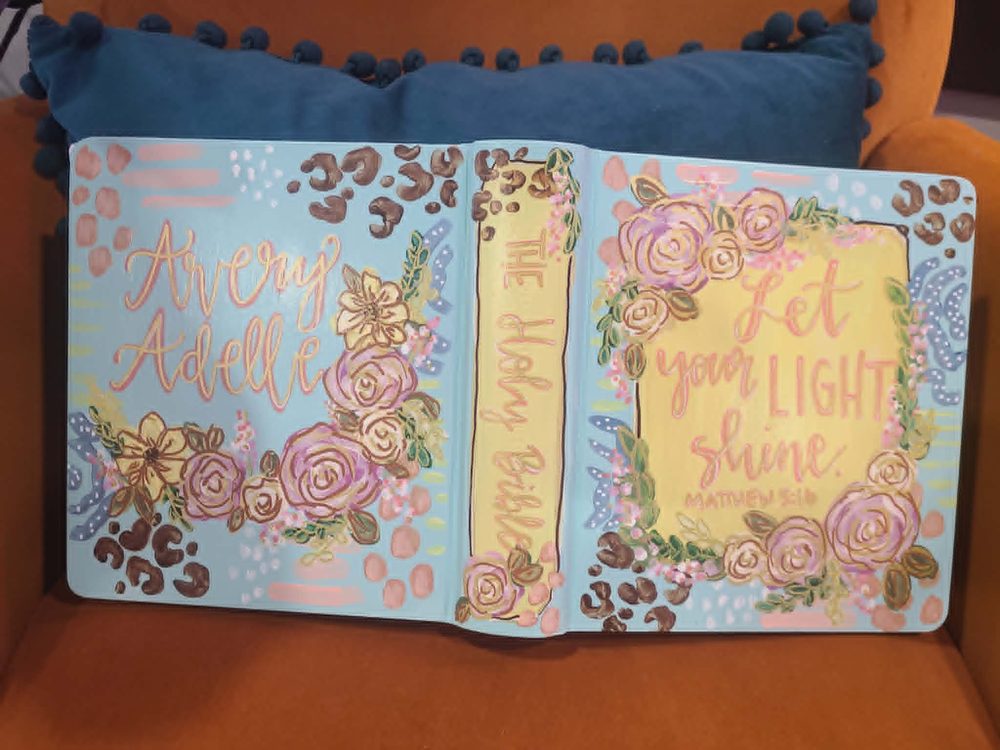 Hand-painted Bible cover for Avery Adelle with leopard print accents and Matthew 5:16