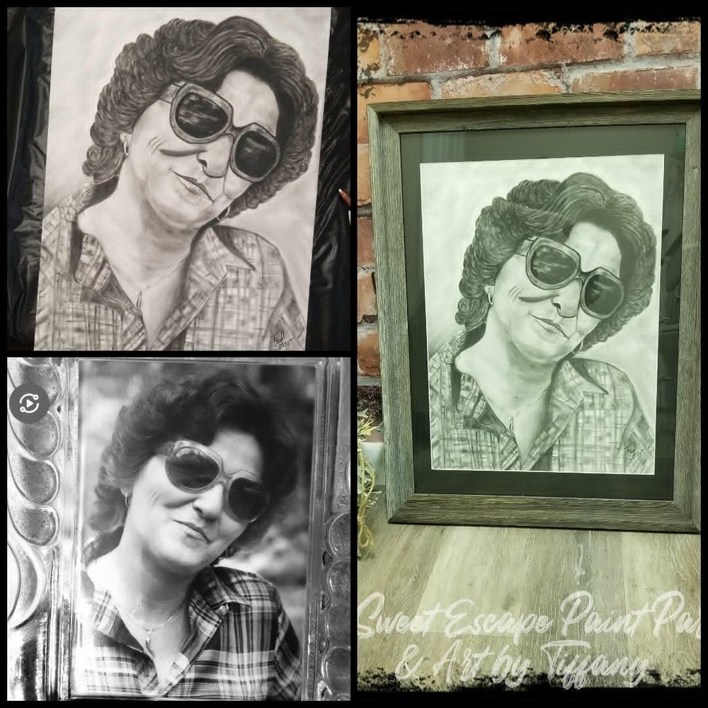 Framed graphite portrait of a woman in sunglasses shown alongside the reference photo