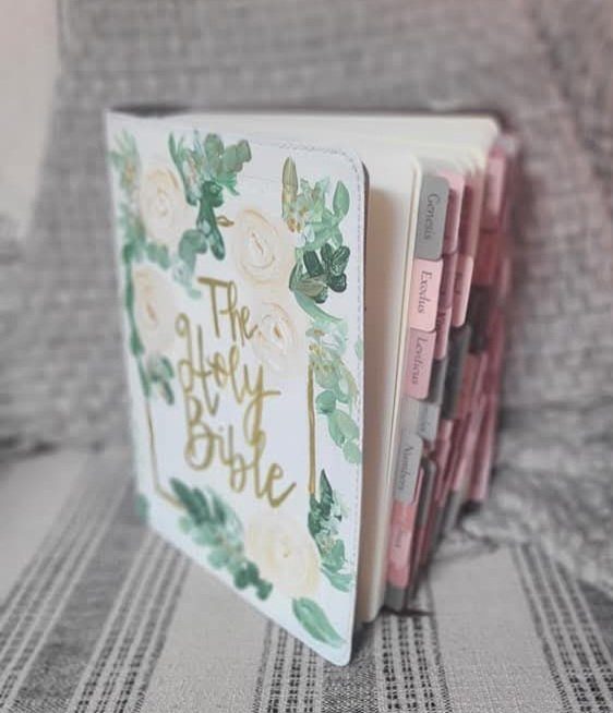 Small hand-painted Holy Bible cover with white roses and greenery