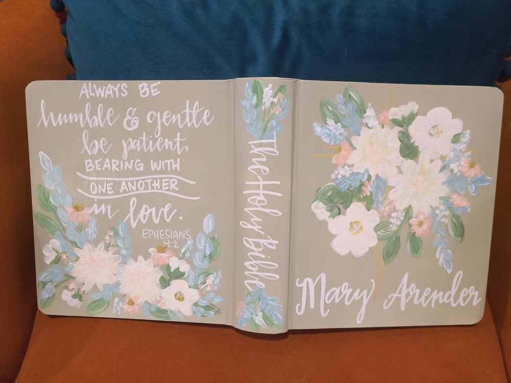 Sage green hand-painted Bible cover for Mary Arender with Ephesians 4:2 and white florals