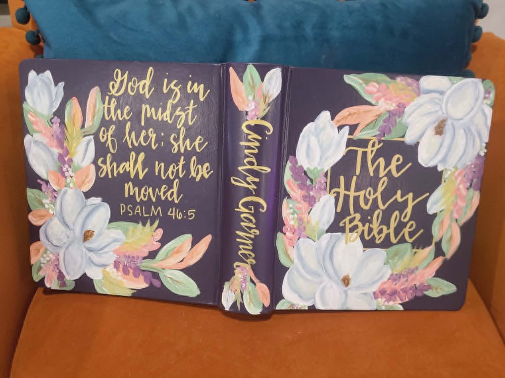 Deep purple hand-painted Bible cover for Cindy Gaymer with magnolias and Psalm 46:5