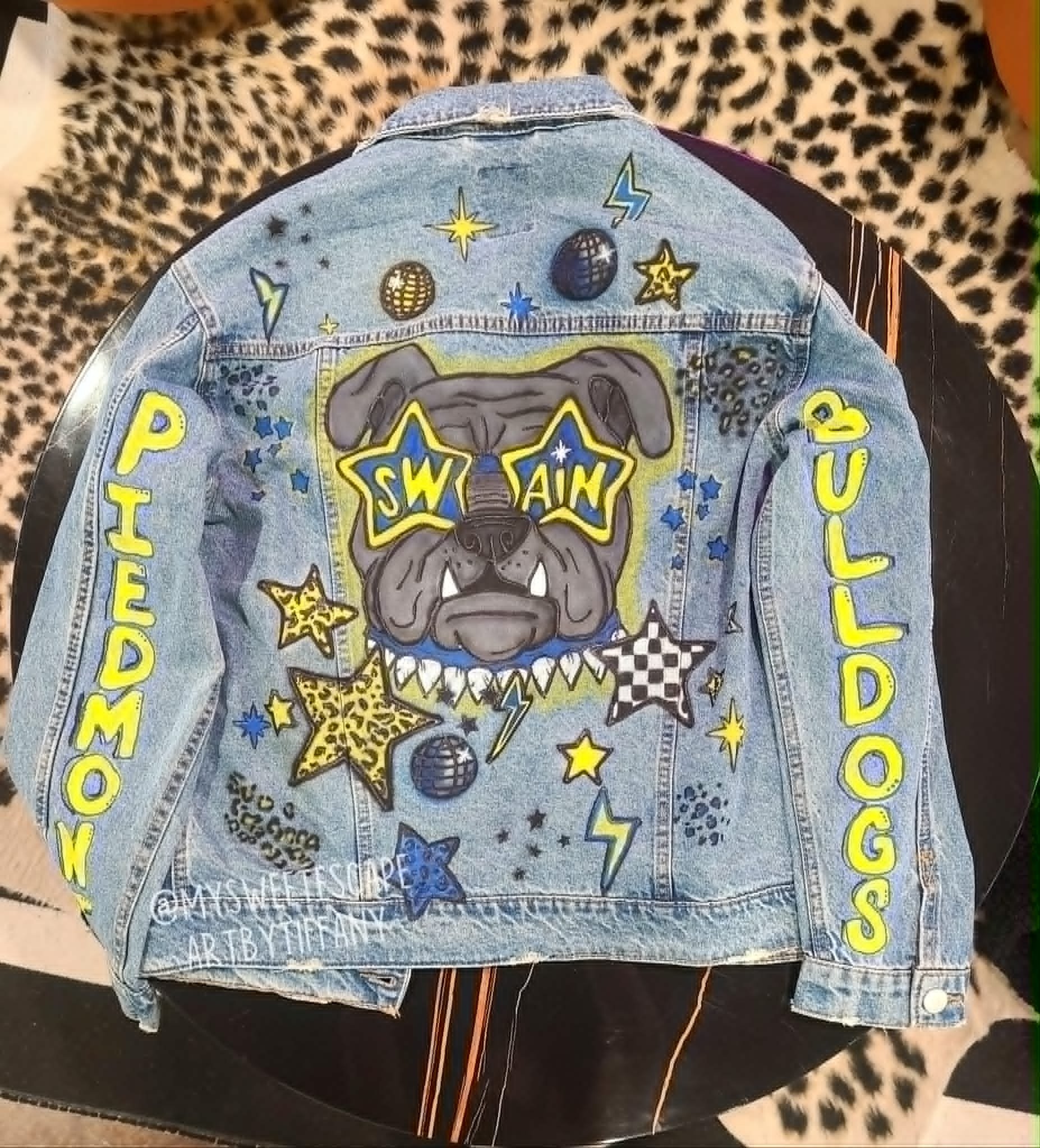 Custom hand-painted Piedmont Bulldogs denim jacket with bulldog mascot, yellow lettering, stars, and disco balls