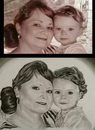 Graphite portrait of a mother and young daughter shown alongside the reference photo
