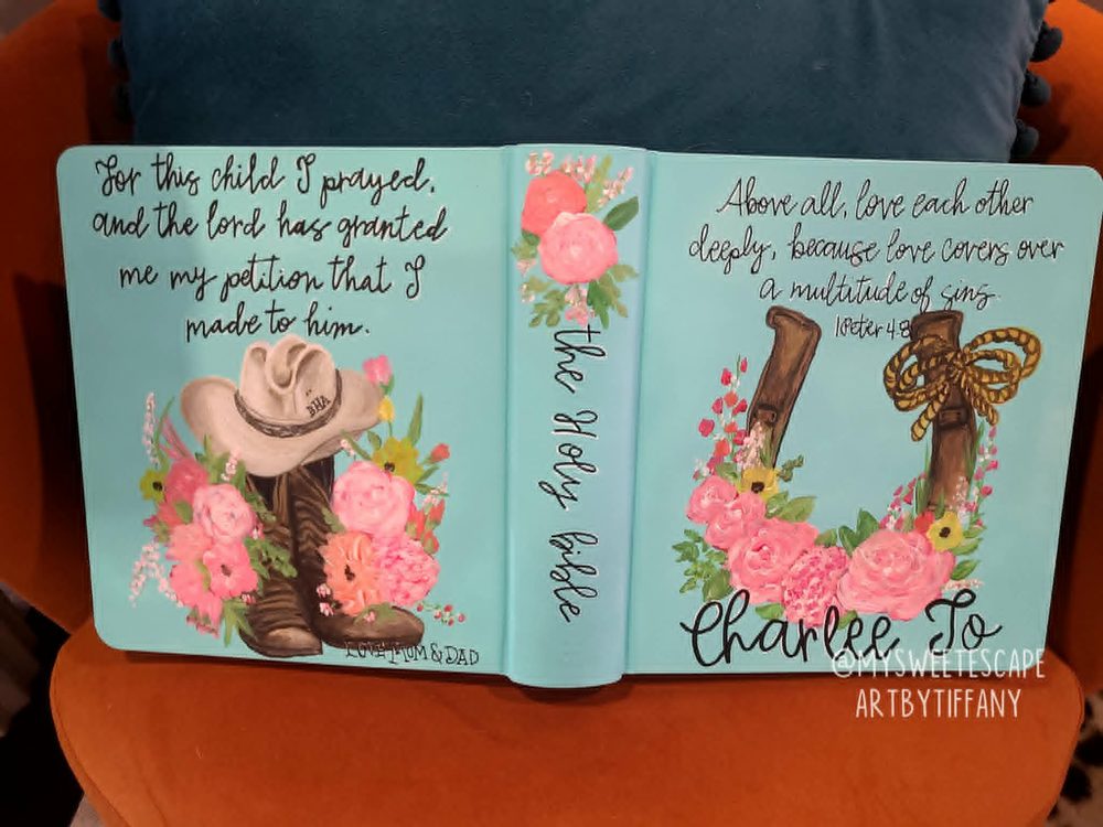 Teal hand-painted Bible cover for Charlee Jo with cowboy boots, hat, and pink florals