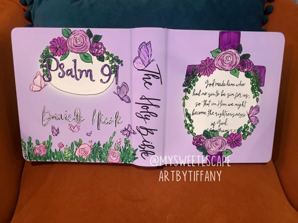 Purple hand-painted Bible cover for Dannielle Nicole with Psalm 91, butterflies, and a floral cross