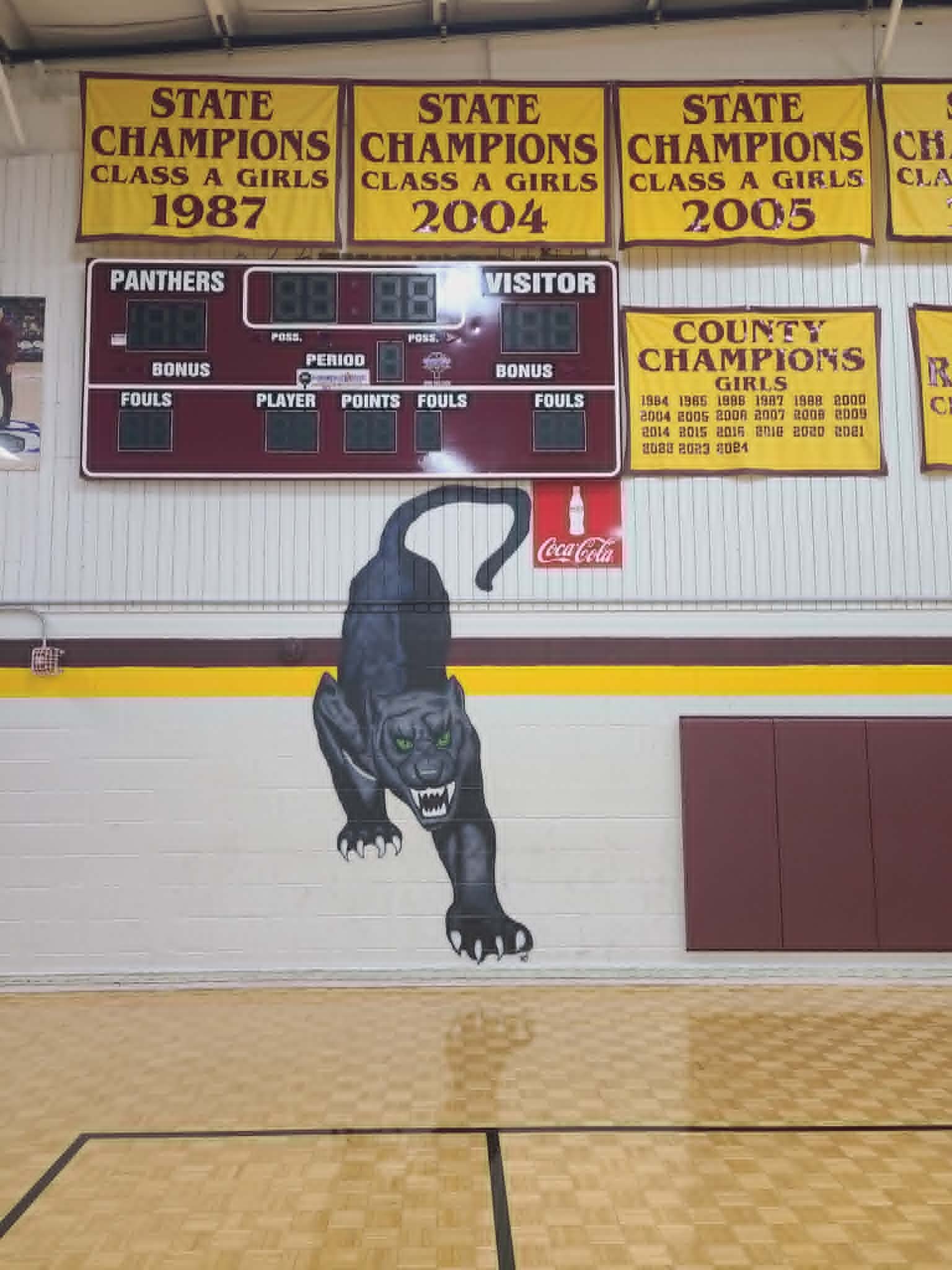 Spring Garden Panthers gymnasium mural of a fierce crouching black panther with green eyes, painted below the team's championship banners